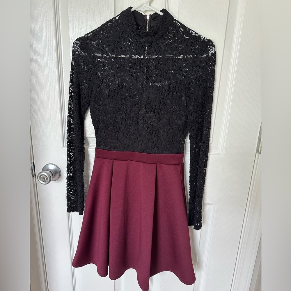 B Darlin Black and Burgundy Long Sleeve Dress - Picture 4 of 7